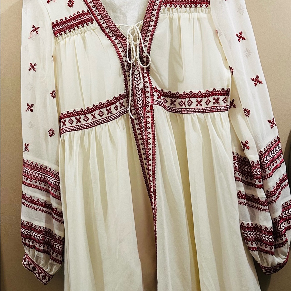 Topshop Cream and Red Embroidered Blouse